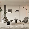 Modern Minimalist Black Leather Chairs And Round Table With Floor Lamp Plant Decor