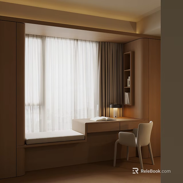 Modern Bay Window Cabinet Interior With Built In Desk Chair And Curtains 3d model 