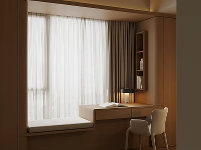 Modern Bay Window Cabinet Interior With Built In Desk Chair And Curtains 3d model