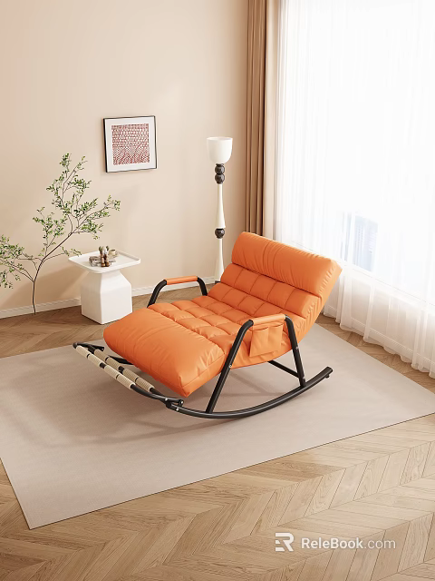 Orange Comfortable Recliner Rocking Chair Indoor With Floor Lamp Side Table Green Plant Curtain 3d model 