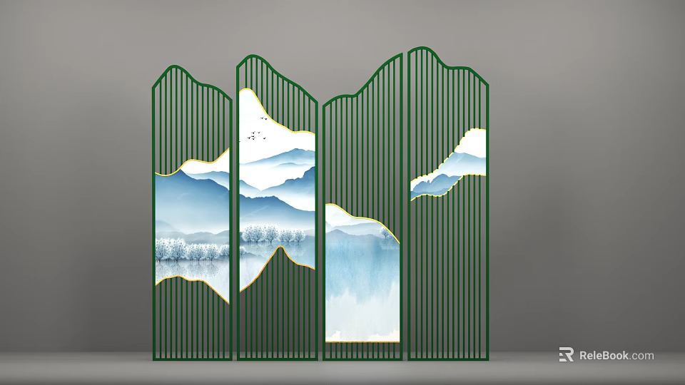 Modern Chinese Style Screen with Green Frame Linear Design and Landscape Pattern 3d model
