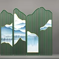 Modern Chinese Style Screen with Green Frame Linear Design and Landscape Pattern 3d model