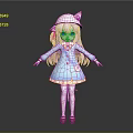 Game Anime Character With Pink Hair Cat Ear Hat Blue Coat And White Stockings
