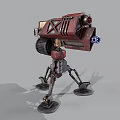 Red Mechanical Turret Weapon With X Shaped Body And Multi Legged Base Gear Mechanism