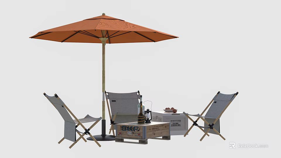 Outdoor Table Setup With Folding Chairs Orange Umbrella And Wooden Crate 3d model 