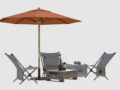 Outdoor Table Setup With Folding Chairs Orange Umbrella And Wooden Crate 3d model
