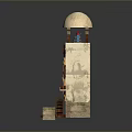 Scenic Stone Tower Landscape With Dome Windows Gears Stairs And Waterwheel Structure