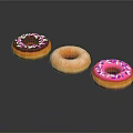 Three Colorful Donuts With Pink Frosting Purple Sprinkles And Original Flavor On Black Surface