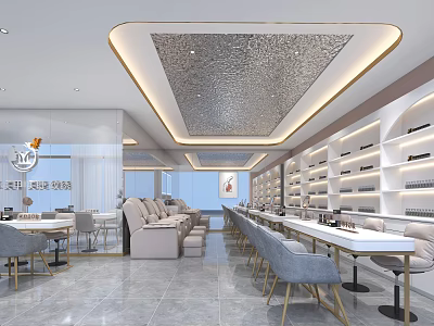 Modern Beauty Hair Salon Interior Design With Comfortable Seats White Tables And Product Shelves 3d model