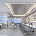 Modern Beauty Hair Salon Interior Design With Comfortable Seats White Tables And Product Shelves