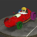 Red Racing Car With Yellow Helmet And Logo On Circular Gray Platform With White Lines