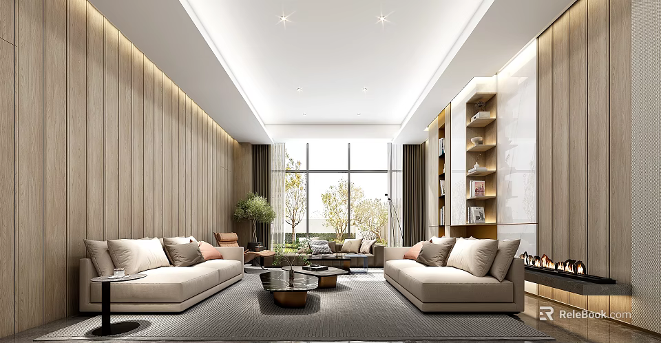 Modern Hotel Public Lounge With Wooden Panel Walls Large Windows Beige Sofas And Green Plants 3d model 