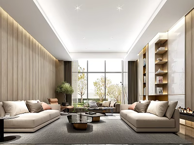 Modern Hotel Public Lounge With Wooden Panel Walls Large Windows Beige Sofas And Green Plants 3d model