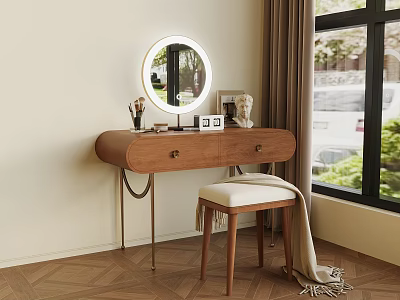 Elegant Wooden Vanity Interior Design With Round Lighted Mirror Stool White Cushion And Window View 3d model