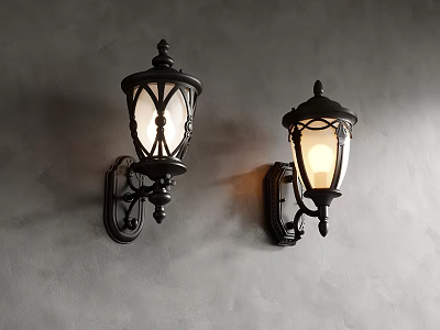 Classic Black Wall Sconces With Illuminated Glass Shades On Gray Wall 3d model