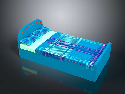 Modern Blue Bed With Curved Headboard Plaid Pattern Mattress And Pillows 3d model