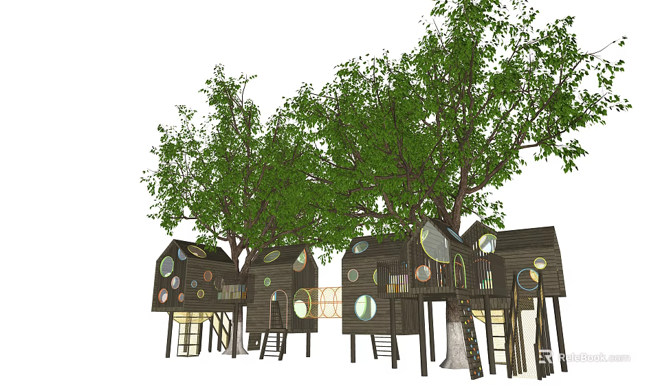 Scenic Wooden Tree Houses Featuring Round Windows Ladders and Green Trees 3d model 