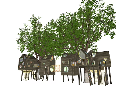 Scenic Wooden Tree Houses Featuring Round Windows Ladders and Green Trees 3d model