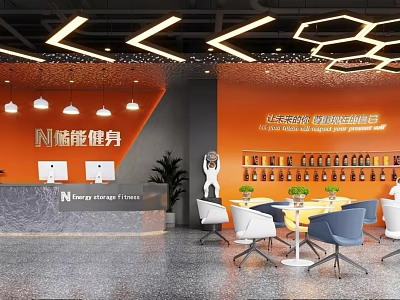 Cozy Cafe Interior With Hexagonal Lighting Orange Wall Tables Chairs And Plants 3d model