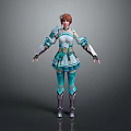 Game And Movie Character With Brown Short Hair Blue And White Outfit Armor Elements Fantasy Style