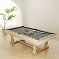 Billiard Table Sports Equipment With Wooden Frame Cues And Balls In Indoor Room