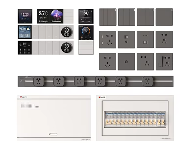Modern Minimalist Switch Panels with Gray White Design Multiple Sockets and Smart Control Panels 3d model