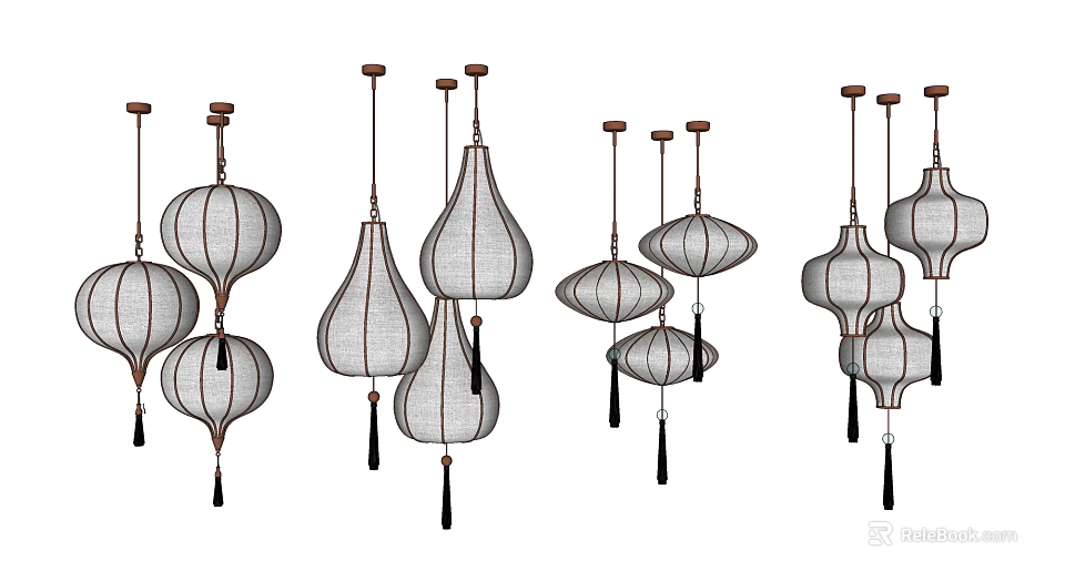 Multiple Stylish Hanging Chandeliers With Lantern Teardrop Shapes Mesh Shades And Tassel Details 3d model 