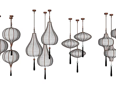 Multiple Stylish Hanging Chandeliers With Lantern Teardrop Shapes Mesh Shades And Tassel Details 3d model