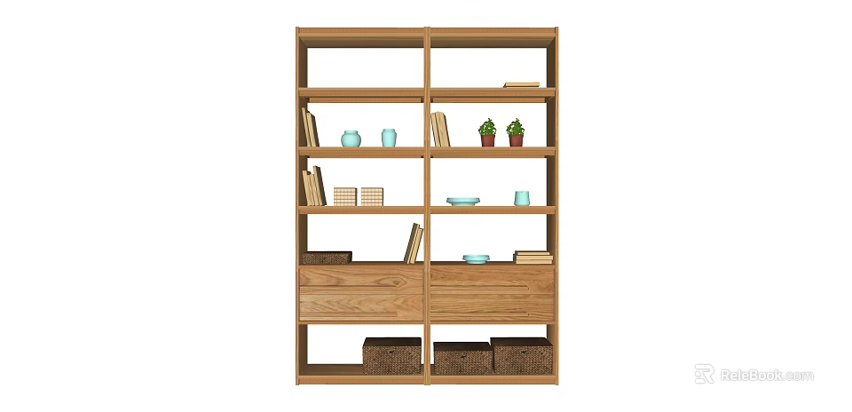 Open Wooden Display Shelf with Books Decorative Items Plants Drawers and Storage Baskets 3d model 