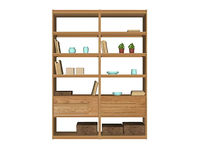 Open Wooden Display Shelf with Books Decorative Items Plants Drawers and Storage Baskets 3d model