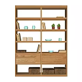 Open Wooden Display Shelf with Books Decorative Items Plants Drawers and Storage Baskets