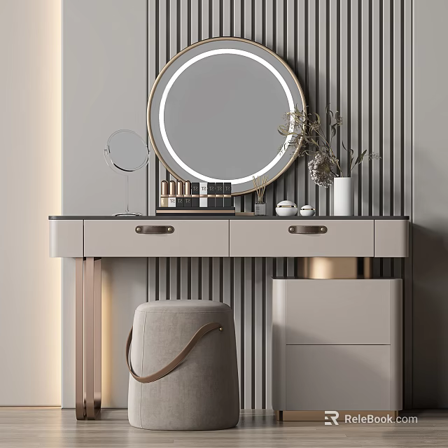 Modern Dressing Table with Round Mirror Cosmetics and Upholstered Stool in Minimalist Interior 3d model 