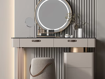 Modern Dressing Table with Round Mirror Cosmetics and Upholstered Stool in Minimalist Interior 3d model