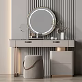 Modern Dressing Table with Round Mirror Cosmetics and Upholstered Stool in Minimalist Interior