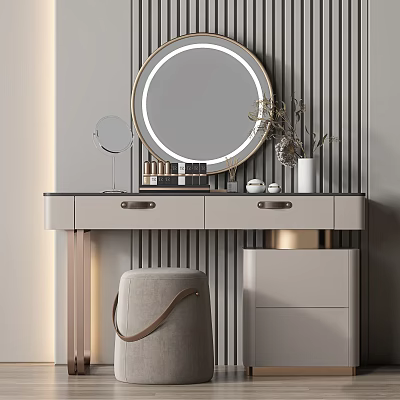 Modern Dressing Table with Round Mirror Cosmetics and Upholstered Stool in Minimalist Interior 3d model