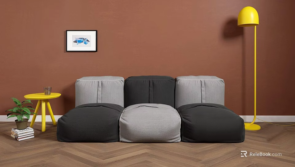 Gray Black Modular Bean Bag Sofa With Yellow Side Table Floor Lamp And Brown Wall 3d model