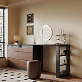Modern Dressing Table with Round Mirror Leather Stool Open Shelves Decorative Items 3d model