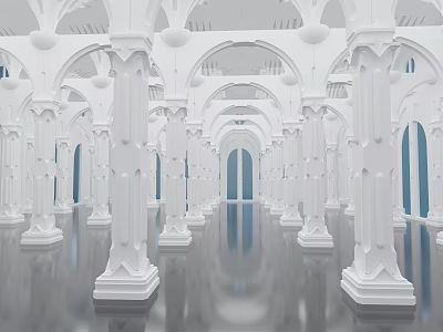 Symmetrical White Columns And Arches In Indoor Architectural Space With Smooth Floor And Blue Doors 3d model