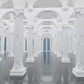 Symmetrical White Columns And Arches In Indoor Architectural Space With Smooth Floor And Blue Doors