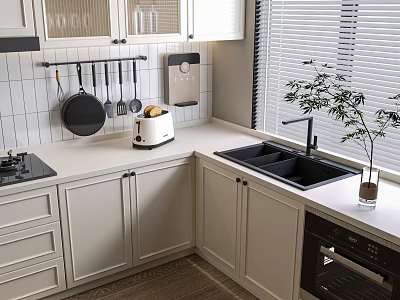 Modern Kitchen Interior With White Cabinets Light Countertop Sink Hanging Cookware And Plant 3d model