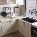 Modern Kitchen Interior With White Cabinets Light Countertop Sink Hanging Cookware And Plant