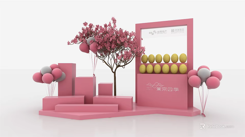 Pink High Tea Display Stand With Flower Tree Balloons And Yellow Decorations 3d model 