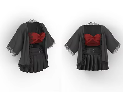 Black Lace Trimmed Coat With Red Corset Top And Black Skirt Outfit 3d model