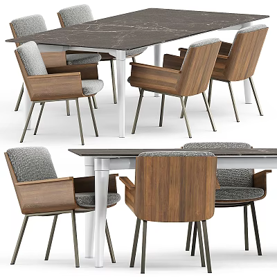 Modern Minimalist Dining Table Set With Wooden Chairs Gray Cushions White Legs 3d model