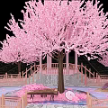 Pink Cherry Blossom Landscape With Pavilion Ferris Wheel And Floating Petals On Water
