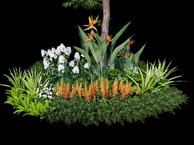Tall Arbor Surrounded by White Flowers Orange Blooms Green Foliage and Lush Plants 3d model