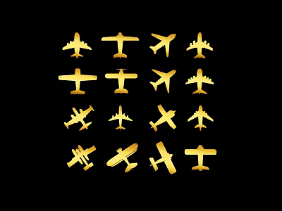 Golden Passenger Plane Silhouettes on Black Background with Various Directions Angles and Grid Arrangement 3d model