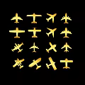 Golden Passenger Plane Silhouettes on Black Background with Various Directions Angles and Grid Arrangement