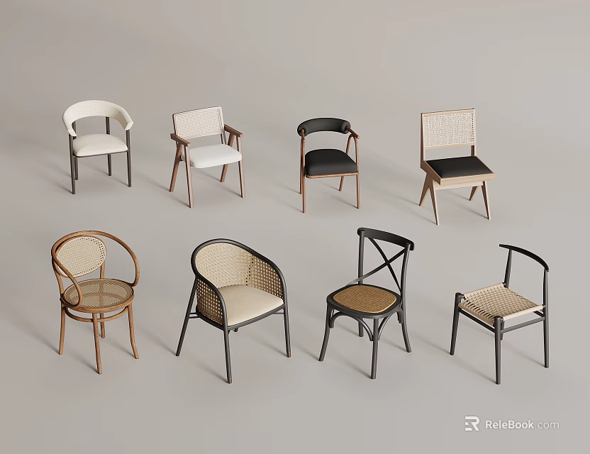 Various Stylish Dining Chairs With Rattan Wooden Frames And Comfortable Seat Cushions 3d model 
