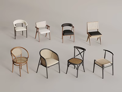 Various Stylish Dining Chairs With Rattan Wooden Frames And Comfortable Seat Cushions 3d model